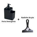 Kit Porta Detergente Rattan + Rodinho De Pia - Preto