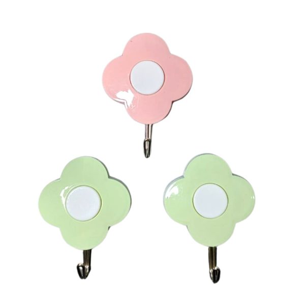 Kit com 3 Ganchos Auto-Adesivos Flor – Cores Sortidas, Plástico e Inox, 7x5cm