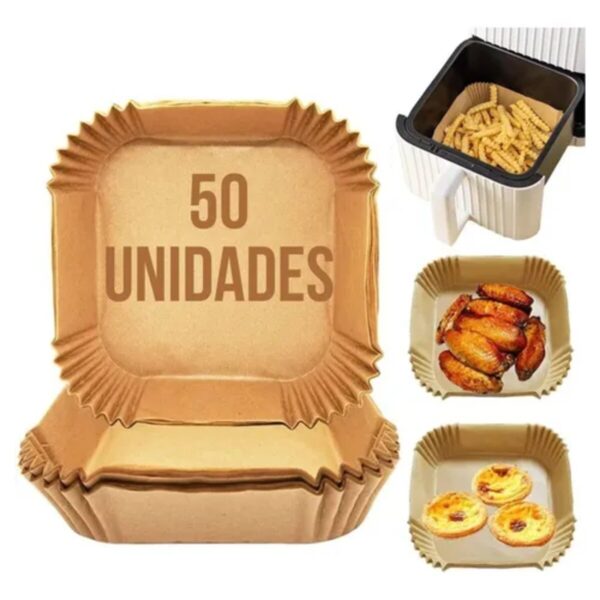 Kit com 50 Formas de Papel Descartável Quadradas 20cm para Air Fryer