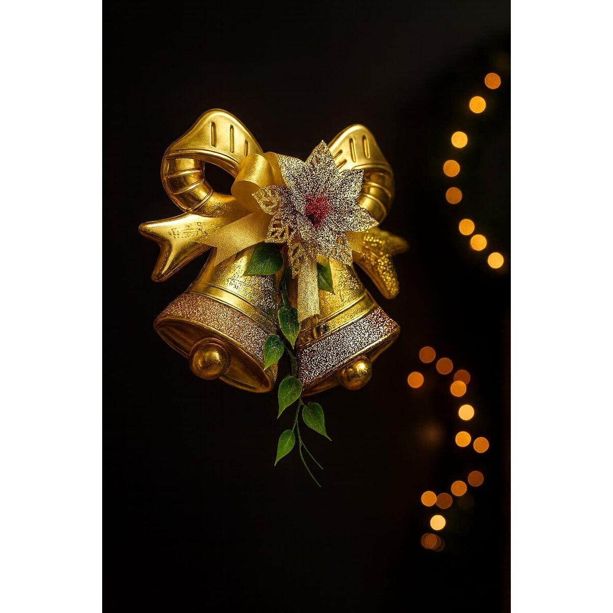 a65b6b3ebf028db6cee21f3aaee15c0b.jpg Sinos de Natal 27x20cm Dourados Decorativos Para Portas, Paredes e Árvores de Natal - Imagem 3