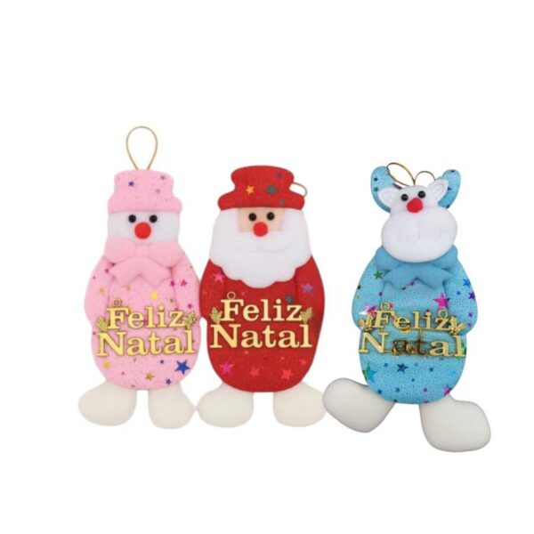 Enfeite de Natal Boneco de Neve,Papai Noel e Rena com Glitter e Pingente "Feliz Natal"