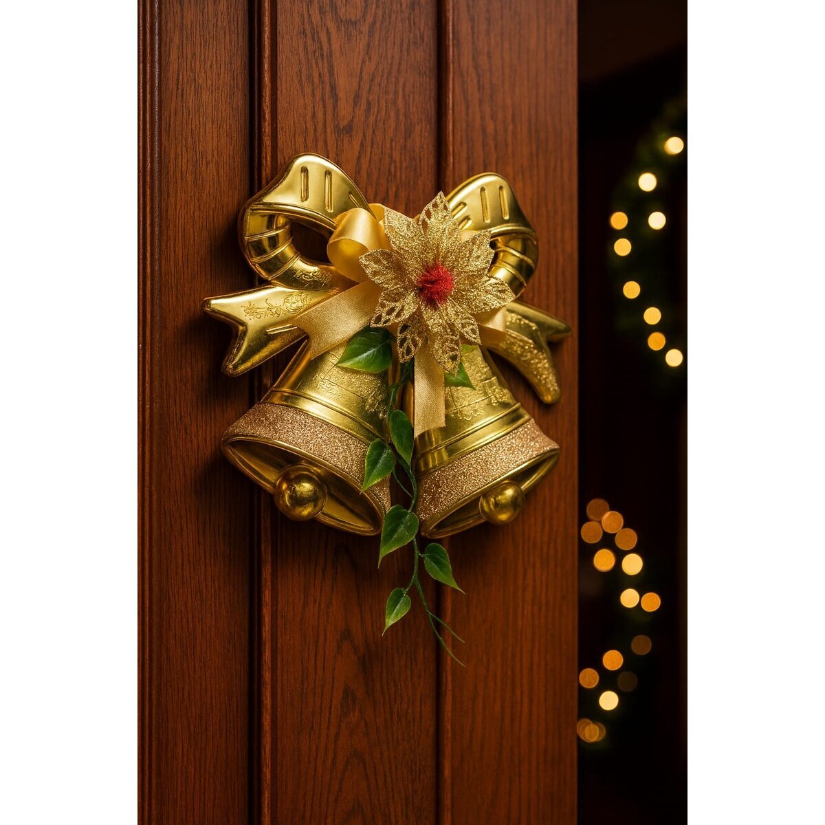 b4bdc56641dabb7e38e674ec9d2648cf.jpg Sinos de Natal 27x20cm Dourados Decorativos Para Portas, Paredes e Árvores de Natal - Imagem 2
