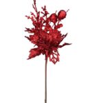 Pick Natalino Decorativo Vermelho com Folhas e Frutinhas em Glitter – Enfeite para Árvores e Arranjos de Natal
