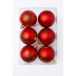 Kit 6 Bolas de Natal Vermelhas com Detalhes em Glitter Verde – 8cm Decorativas para Árvore de Natal