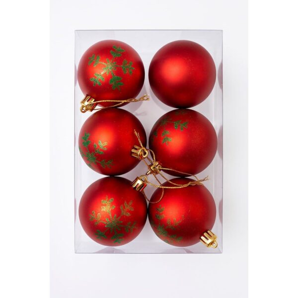 Kit 6 Bolas de Natal Vermelhas com Detalhes em Glitter Verde – 8cm Decorativas para Árvore de Natal
